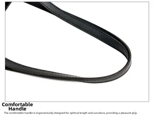 Close-up of ergonomic black faux leather handle with refined stitching and lychee texture