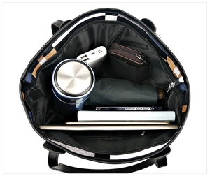 Interior view of large capacity tote bag showing multiple compartments and daily items