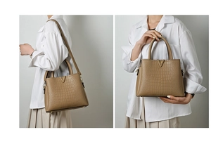 Detail of tan crocodile embossed handbag with gold V-hardware and adjustable strap