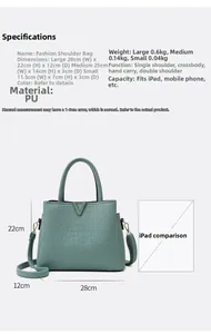 Detailed size guide for light green crocodile pattern tote bag with iPad comparison