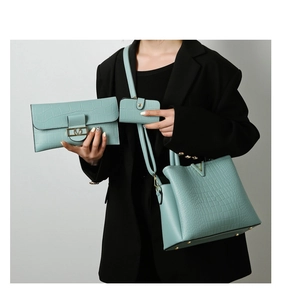 Detail of mint green crocodile embossed handbag set with gold V hardware and matching wallet