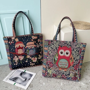 Ethnic embroidered canvas tote bags with owl patterns and colorful bohemian straps