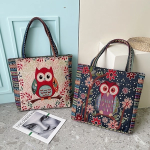Ethnic embroidered canvas tote bags with owl design in navy blue and cream white colors