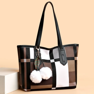Women's chic large capacity patchwork check tote bag with plush cherry pendant