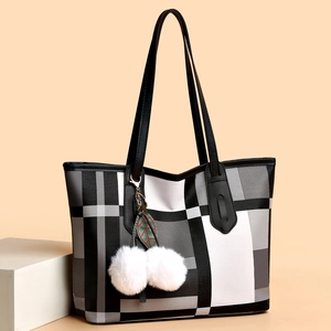 Large checkered tote bag for women with black handles and cherry plush charm