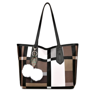 Large capacity tote bag with patchwork checkered pattern and cute cherry charm