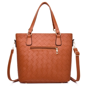 Brown woven pattern tote bag with top handles and adjustable shoulder strap for women