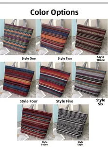 Collection of eight ethnic canvas tote bags with colorful stripes and geometric patterns