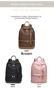 Three stylish water-resistant backpacks shown in brown, black and pink colors