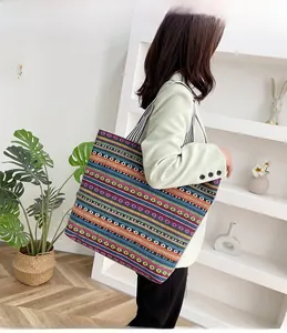 Detailed shot of ethnic patterned canvas tote bag with colorful geometric stripes