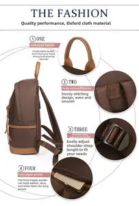 Detail view of water-resistant oxford backpack featuring leather handles and reinforced stitching