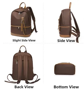 Detailed views of water-resistant nylon backpack showing front, side, back and bottom panels