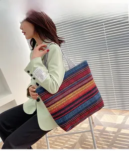 Close-up of bohemian geometric patterned tote bag with striped shoulder strap and large capacity