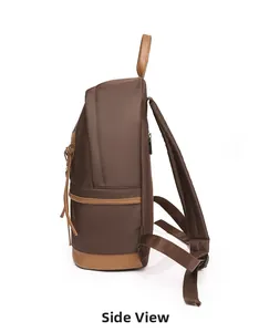 Side view of brown water-resistant backpack with leather handle and drawstring pocket