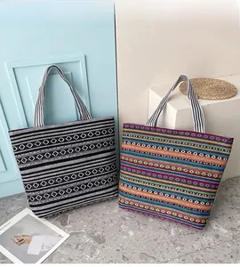 Macro detail of large woven tote bags with geometric patterns and striped handles