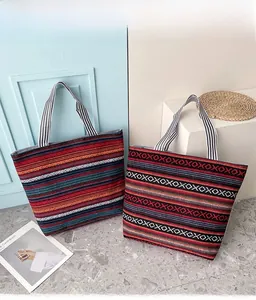 Close-up of bohemian striped canvas tote bags with durable textured fabric and woven handles