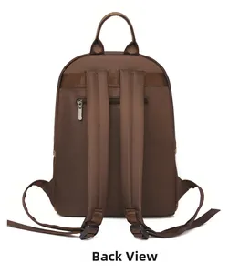 Back view of minimalist dark brown backpack with anti-theft pocket and luggage strap