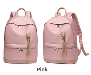 Front and side view of pink waterproof nylon backpack with light tan leather accents