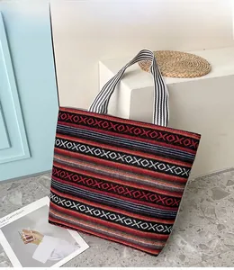 Close-up of geometric ethnic woven patterns on a large capacity canvas tote bag
