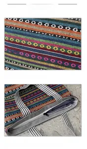 Detail view showing ethnic striped pattern fabric and PVC zipper of the canvas tote bag