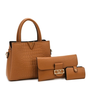 Women Crocodile Pattern PU Leather Handbag Wallet Card Holder V-Metal Decor Large Capacity Shoulder Crossbody Bag