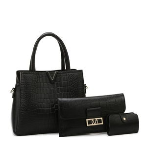 3-piece black crocodile embossed handbag set with gold V-buckle on white background