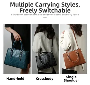 Detail view of crocodile pattern embossed handbags in three colors and various carrying styles