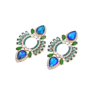 Chandelier drop earrings with blue teardrop stones and green crystals in gold alloy