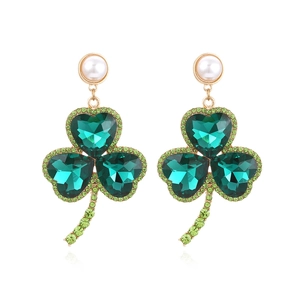 Heart Shape Green Crystal Shamrock Dangle Earrings With Rhinestones And Faux Artificial Pearl Vintage Luxury Style For Women
