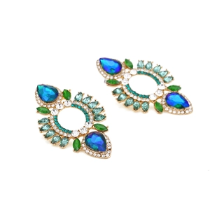 Dramatic geometric drop earrings with emerald and sapphire crystals in gold-tone alloy