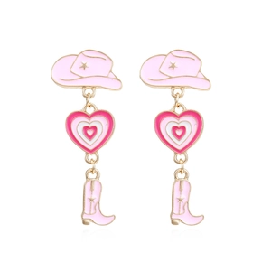 Orecchini rosa a forma di cappello e stivale da cowboy con cuore in lega dorata
