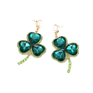 Emerald green heart crystal clover drop earrings with pearl stud and gold plating