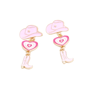 Orecchini pendenti rosa stivali e cappello da cowboy in lega dorata con cuore da donna