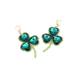 Luxury emerald green clover earrings featuring heart-shaped crystals and small rhinestones