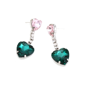 Elegant Korean style long heart earrings with pink and emerald green crystals