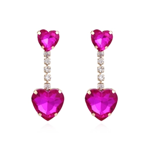 Elegant gold drop earrings featuring rose red heart crystals and sparkling cubic zirconia