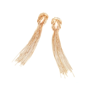 Elegant gold-tone knot earrings with long flowing chain tassels on white background
