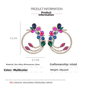 Detailed view of luxury round hollow earrings featuring colorful rhinestones and crystals