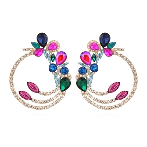 Exaggerated Colorful Rhinestone Flower Round Hoop Earrings Gold Alloy Inlaid Crystal Statement Party For Women