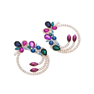 Luxury oversized gold hoop earrings featuring vibrant floral colorful rhinestones and crystals