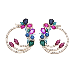 Bohemian hollow round earrings with vibrant colorful gemstones and sparkling crystals