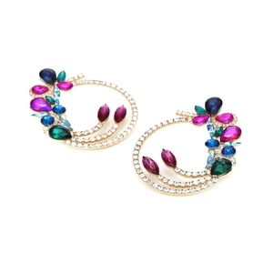 Luxe gold hollow round earrings featuring colorful rhinestones and floral gem clusters