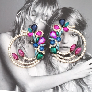 Luxury oversized round hoop earrings with colorful crystals and floral alloy design
