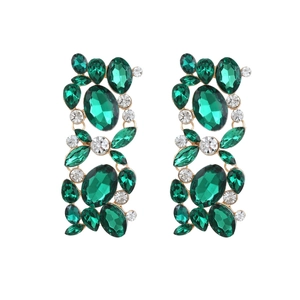 Luxurious vintage geometric floral earrings encrusted with green emerald rhinestones