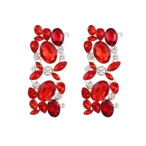 Vintage floral drop earrings with red and white rhinestones on gold geometric settings