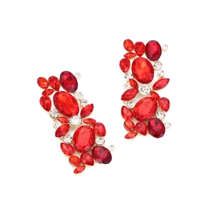Macro detail of red gemstone cluster flower earrings with gold alloy and small diamonds