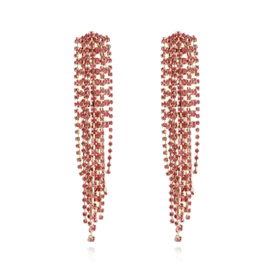 Elegant long fringe earrings with sparkling pink rhinestones and gold-plated metal chains