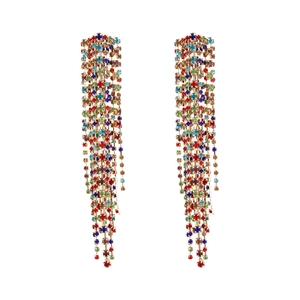 Chic gold-plated long tassel earrings featuring vibrant multi-colored rhinestones