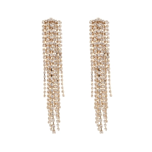 Elegant long fringe tassel drop earrings with sparkling crystals in gold finish