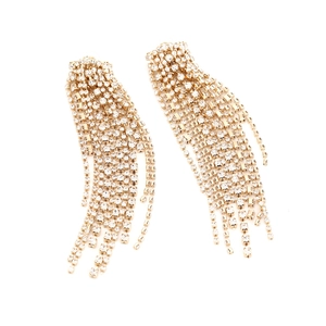 Close-up of long gold fringe earrings with multi-row sparkling crystal tassels